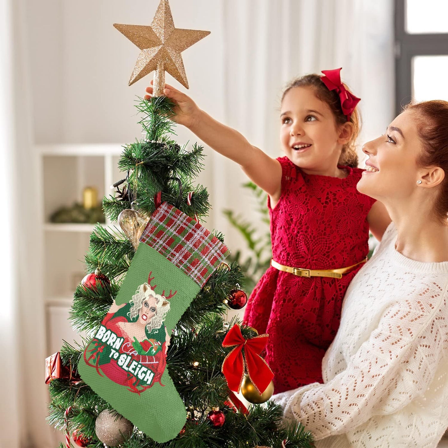 Born to Sleigh (Sequin Christmas Stocking)-Christmas Stockings-Swish Embassy