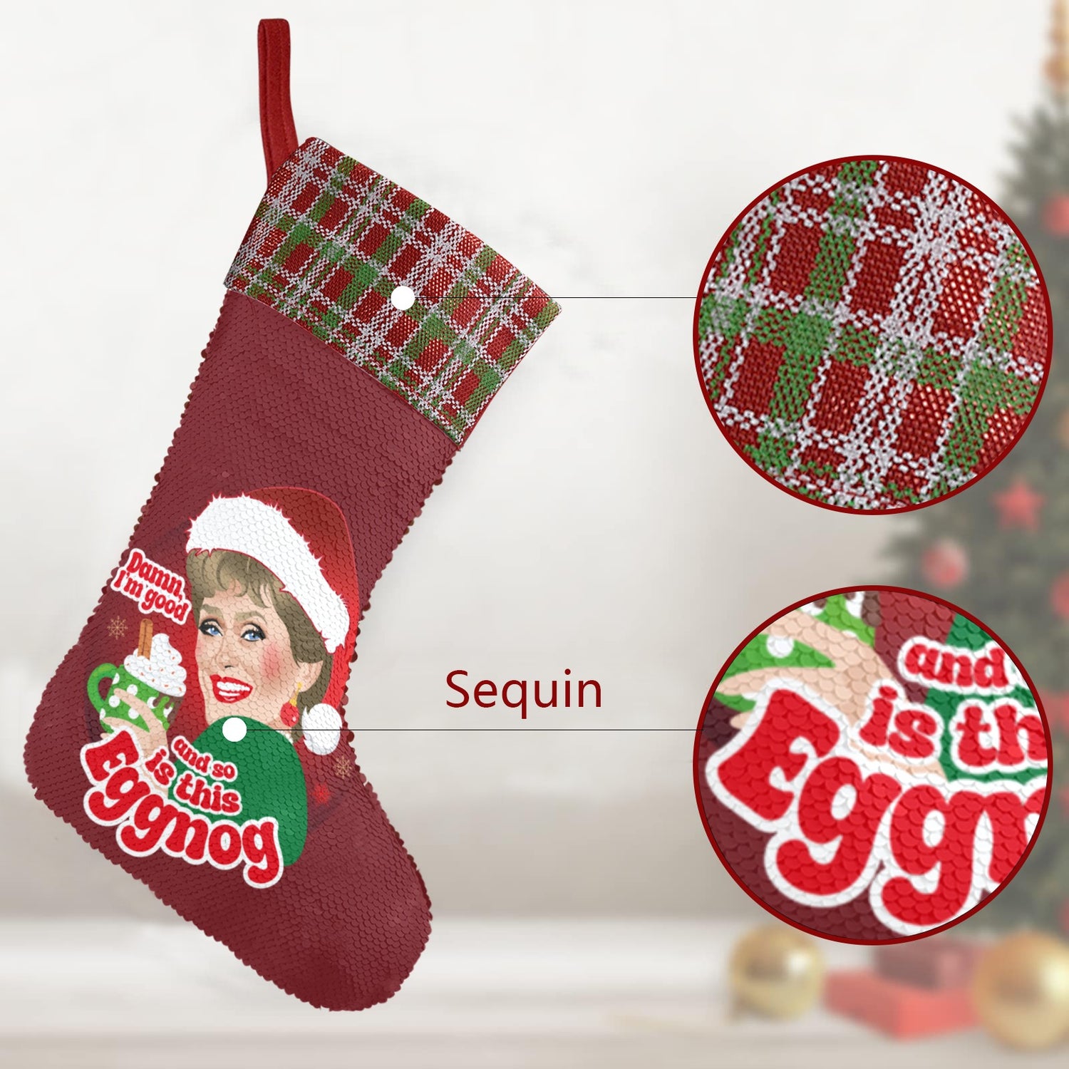 Damn Eggnog (Sequin Christmas Stocking)-Christmas Stockings-Swish Embassy