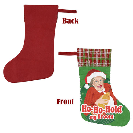 Ho Ho Hold My Broom (Sequin Christmas Stocking)-Christmas Stockings-Swish Embassy