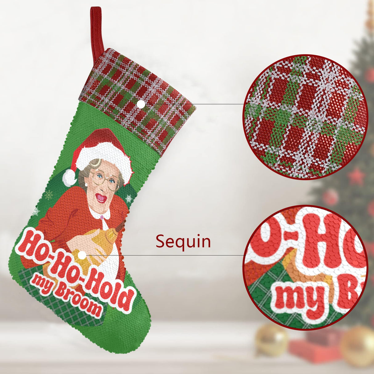 Ho Ho Hold My Broom (Sequin Christmas Stocking)-Christmas Stockings-Swish Embassy