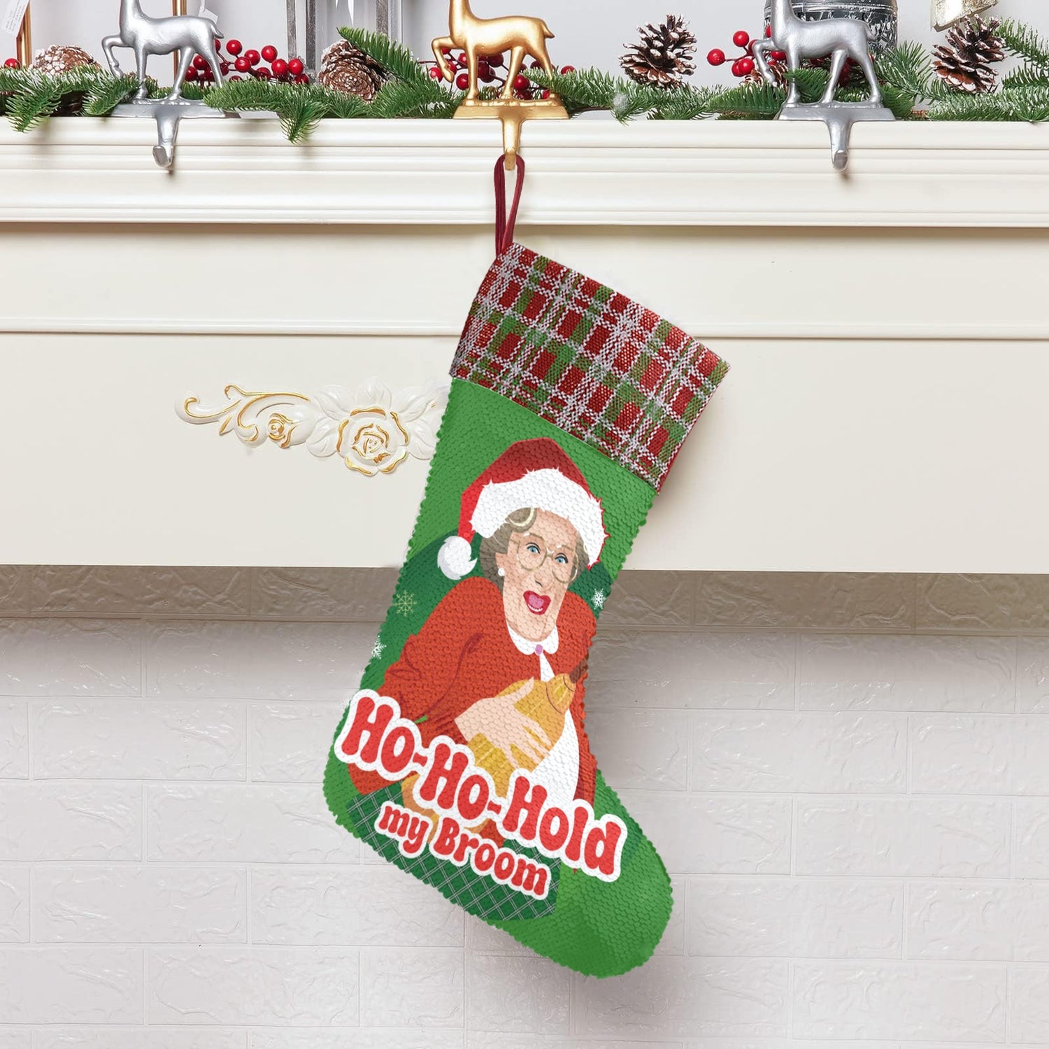 Ho Ho Hold My Broom (Sequin Christmas Stocking)-Christmas Stockings-Swish Embassy