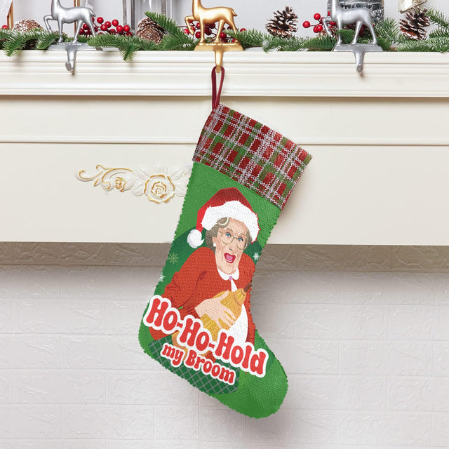 Ho Ho Hold My Broom (Sequin Christmas Stocking)-Christmas Stockings-Swish Embassy