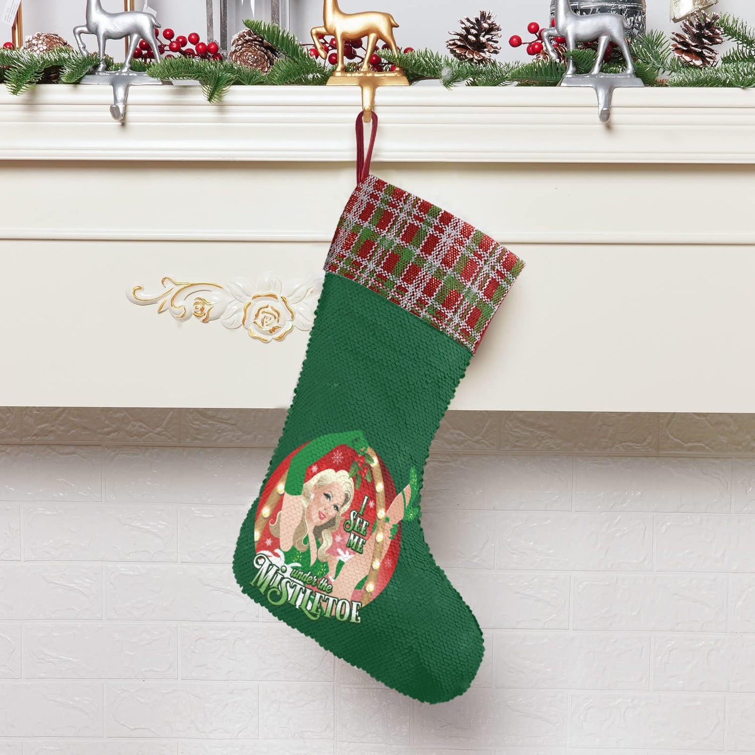 I See Me Under the Mistletoe (Sequin Christmas Stocking)-Christmas Stockings-Swish Embassy
