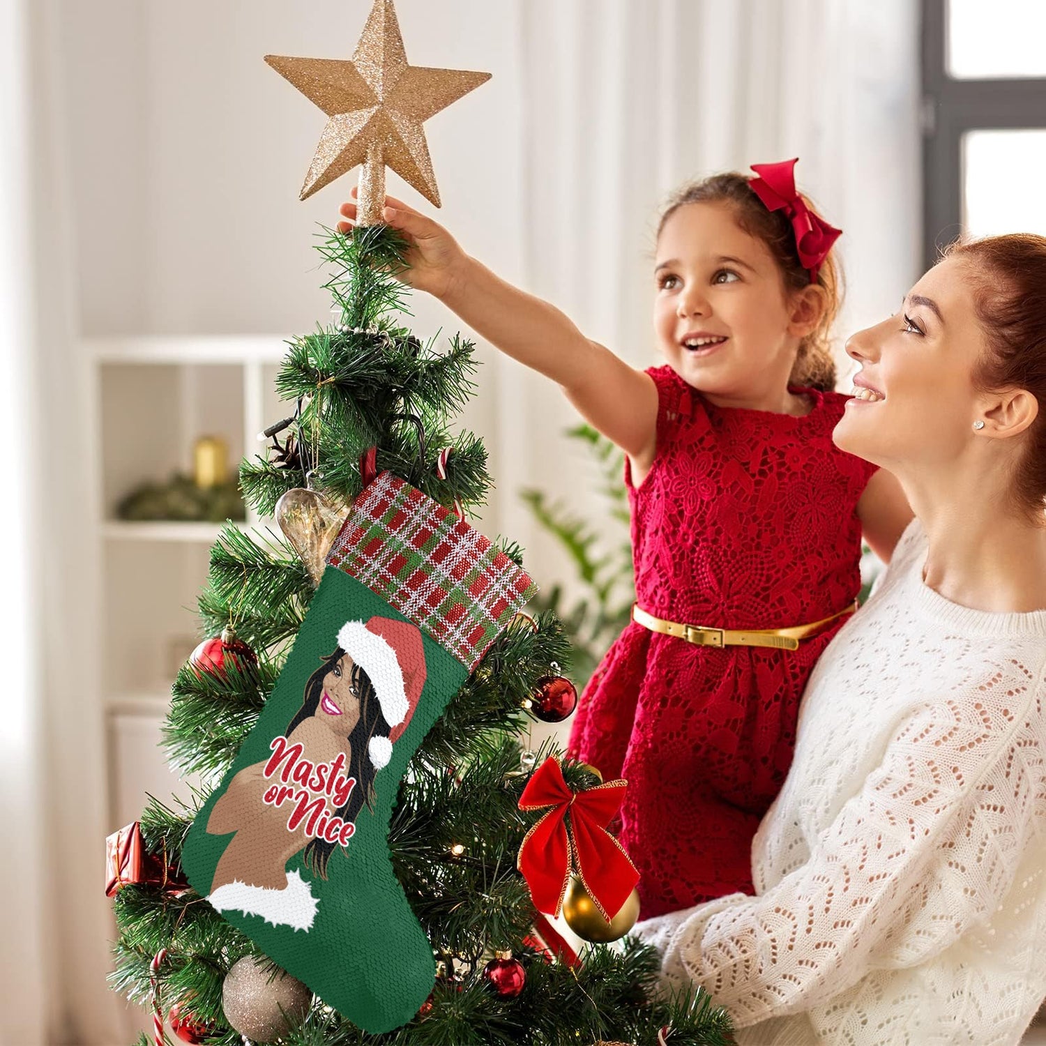 Nasty or Nice (Sequin Christmas Stocking)-Christmas Stockings-Swish Embassy