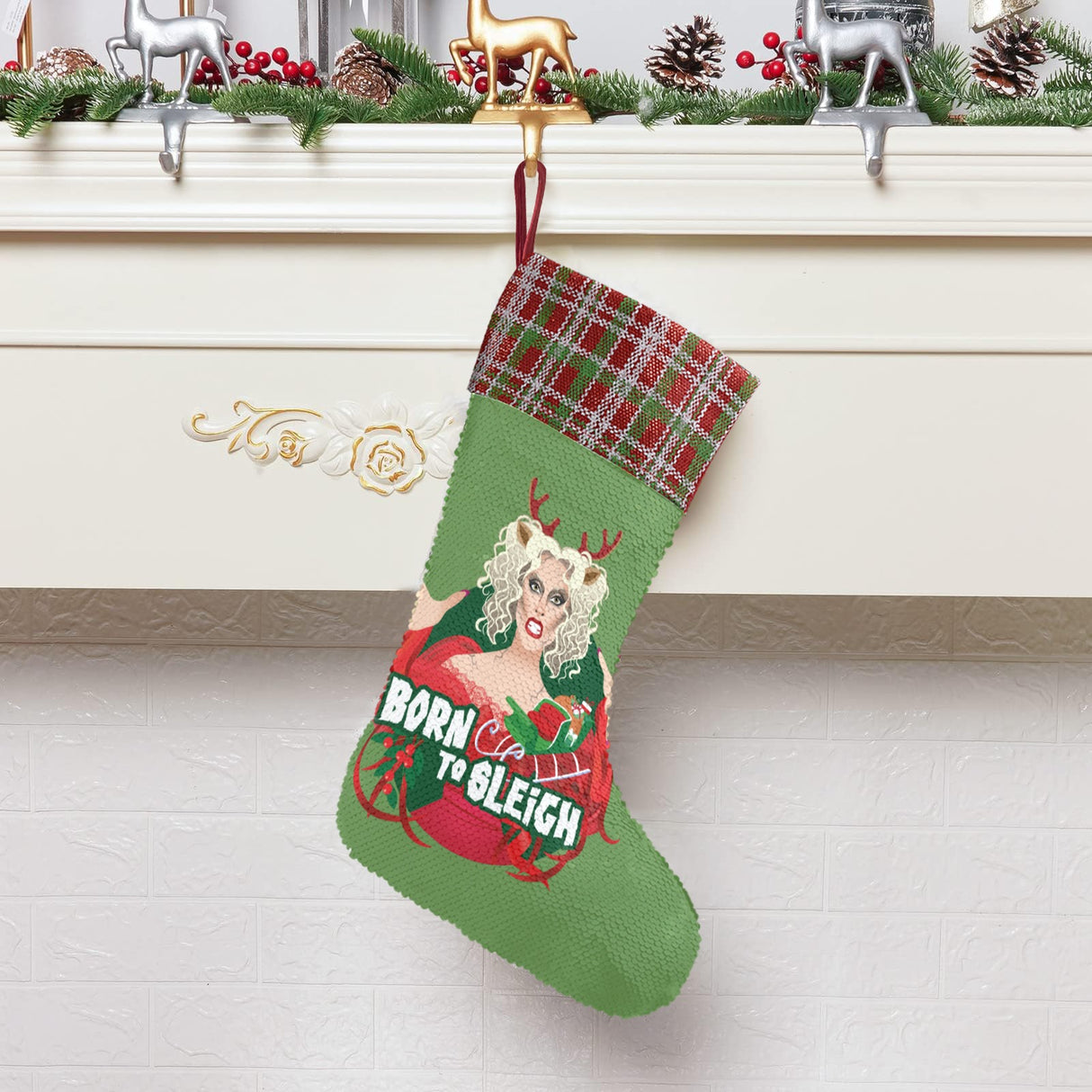 Born to Sleigh (Sequin Christmas Stocking)-Christmas Stockings-Swish Embassy