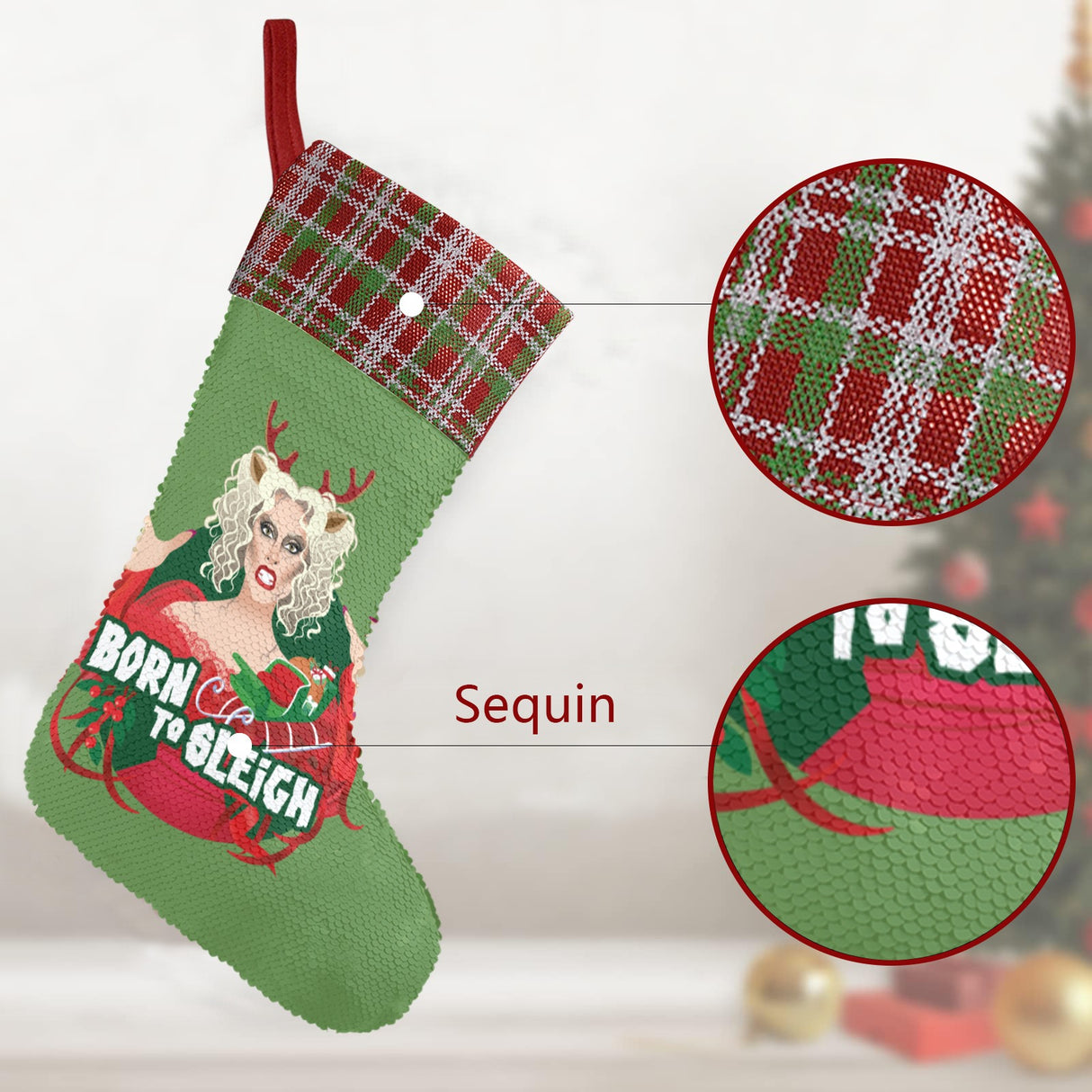 Born to Sleigh (Sequin Christmas Stocking)-Christmas Stockings-Swish Embassy