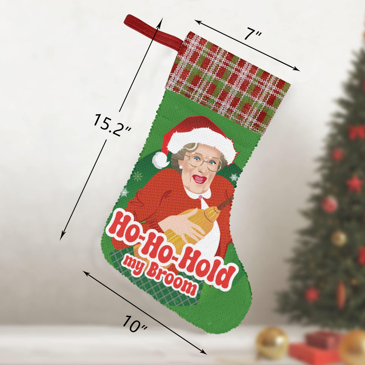 Ho Ho Hold My Broom (Sequin Christmas Stocking)-Christmas Stockings-Swish Embassy